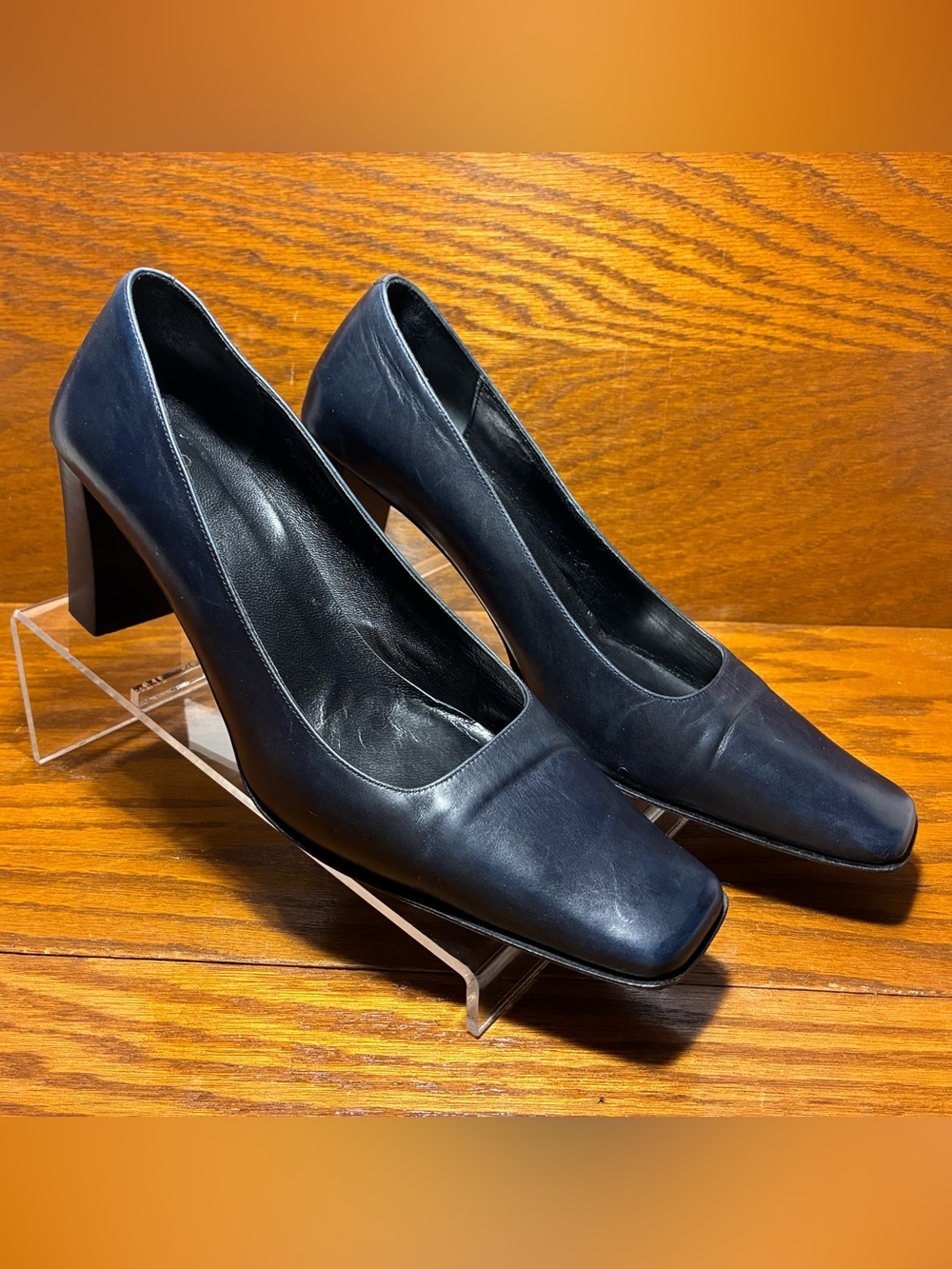 Y2K VTG Coach ITALY MADE Navy Leather Square Toe Block Heel Pumps 9.5 B